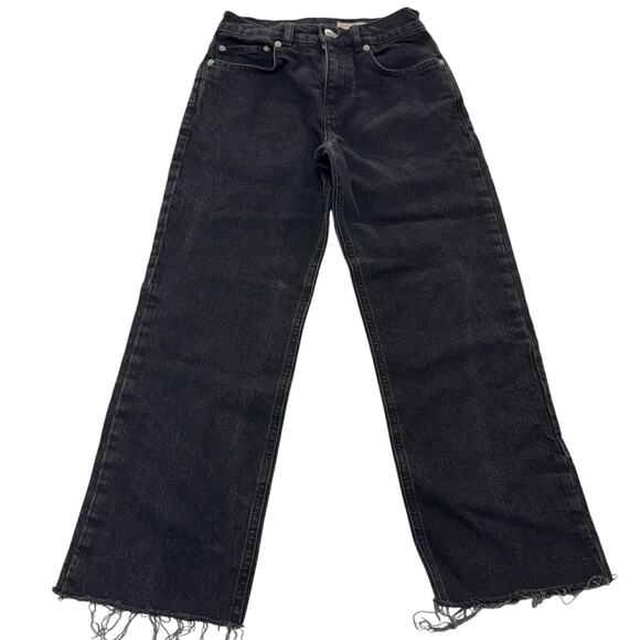 ASOS Jeans Womens 26 Black Washed Straight Leg High‎ Rise Raw Frayed Hem Ankle - Picture 1 of 7